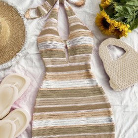 Resim Hotfly Yönlendirme Moda Yüzme Kıyafeti Örtüsü, Kesikli Çok Renkli Boyun Tasarımlı Tatil Stili Kadın Plaj Elbisesi 
