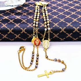 Resim Zarif Paslanmaz Çelik Yuvarlak Boncuk Kolye Altın Tonlu Haç Kolye ile - Şık Kadınlar Kilitli Zincir Takı, Rahat veya Resmi Durumlar için Mükemmel, Rahat Aksesuar|Zarif Kolye|Dayanıklı Takı 