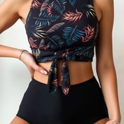 Resim Kadınlar için Şık Retro Çiçekli Bikini Takımı - Yüksek Bel, Esnek Polyester ve Elastan Karışımı, Makinede Yıkanabilir 
