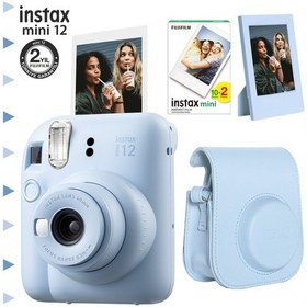Resim Fujifilm Instax Mini 12 Fotoğraf Makinesi + 20'li Film + Çerçeve + Deri Kılıf Seti Mavi 