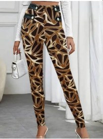 Resim Ge Ticaret Kadın Yüksek Bel Kaz Ayağı Desenli Yan Şerit Düğme Detaylı Dalgıç Pantolon Çok Renkli 