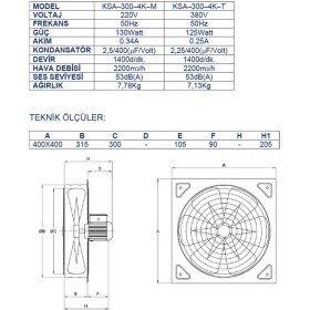 Resim Ayas 25 cm 2800 D/d Kare Sanayi Tipi Aspiratör 380 Volt Trifaze 