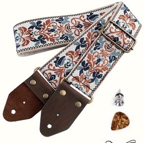 Resim Gitar Askısı, Bas, Elektrikli & Akustik Gitarlar için Crazy Horse Suni Deri Uçlu Jakar Nakışlı Gitar Askıları, Gitaristler için En İyi Hediyeler 