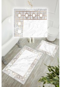 Resim Dijital Baskı Klasik Kaymaz Taban 2li Set Banyo Paspası Klozet Takımı 50x60cm-60x100cm Gri 