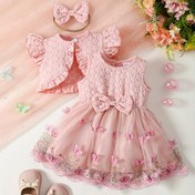 Resim 3 Parça Sevimli Kız Çocuk Yazlık Kıyafet Seti: Pembe Kelebek Nakışlı Tül Elbise, Fırfırlı Kollu & Fiyonk Aksesuarlı, Polyester Kırpma Üstü ve Fiyonklu Saç Bandı Seti - Makinede Yıkanabilir, Özel Gün Elbisesi|Fırfırlı Kollu Elbise|Çiçek Nakışı, Dış Mekanlar İçin Mükemmel 