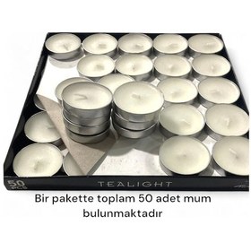 Resim Tealight 50li Mum Parti Ve Özel Günler Için Uygun 1 Saat Tealight Kına 35 Mm Çap 12 Mm Boy Beyaz 
