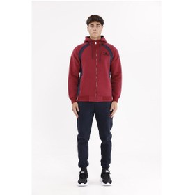 Resim Yan Panel Detaylı Fermuarlı Kapüşonlu Üst Ve Cepli Alt İki Parça Spor Eşofman Takımı Burgundy 