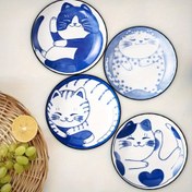 Resim 4 adet Sevimli Kedi İllüstrasyonlu Tabaklar - Mavi ve Beyaz, 9.93x9.93 cm, Geri Dönüştürülmüş Ahşap, Yemek, Kahve, Ofis, Yatak Odası ve Ev Dekorasyonu için Mükemmel, Tabak Seti 