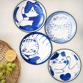 Resim 4 adet Sevimli Kedi İllüstrasyonlu Tabaklar - Mavi ve Beyaz, 9.93x9.93 cm, Geri Dönüştürülmüş Ahşap, Yemek, Kahve, Ofis, Yatak Odası ve Ev Dekorasyonu için Mükemmel, Tabak Seti 