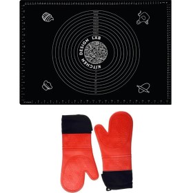 Resim Kitchen Design Lab 2'li Set Siyah 45X65 cm Silikon Hamur Açma Matı ve Kırmızı Silikon Yanmaz Mutfak Fırın Eldiveni 