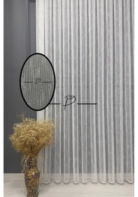 Resim Tül Perde Floşlu Şantuk Desen Etek Kurşun Sarımlı Ekru 