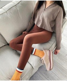 Resim Azra Boutique Azraboutique Kadın Tayt Kahverengi Yüksek Bel Dikişsiz Fitillikahverengixl Kahverengi 
