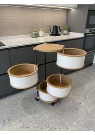 Resim Aless 4 Katlı Ahşap Detaylı Açılır Çekmeceli Tekerlekli Sebzelik Meyve Sebze Sepeti Ahşap - Beyaz 
