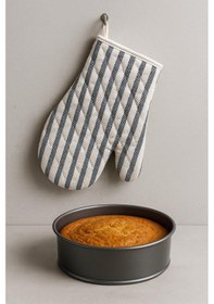 Resim Çizgili Fırın Eldiveni Isıya Dayanıklı Kalın Dokulu Pamuklu Mutfak Eldiveni Askılı Antrasit 