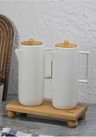 Resim HomeTarz Porselen Yağdanlık Seti - Ahşap Stantlı 2x600 ML 