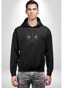 Resim Siyah Kedi Kadın Erkek Siyah Kapüşonlu Sweatshirt Hoodie Siyah 