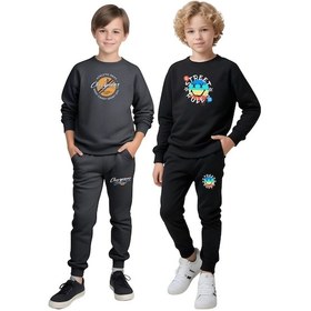 Resim Fyk Kids 2'li Erkek Çocuk Yuvarlak Yaka Baskı Detaylı Eşofman Takımı Füme - Siyah 