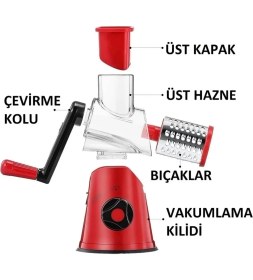 Resim Rosemor 3 Bıçaklı Kollu Sebze Doğrayıcı Dilimleyici Mutfak Tambur Peynir Fındık Ceviz Öğütücü Rende Seti 