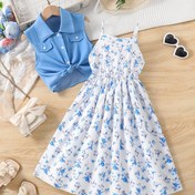 Resim 2025 Bahar/Yaz Yeni Kızlar Tatil Stili Rahat Ceket + Küçük Çiçekli Çiçekli Cami Elbise Moda Temel Set, Tatil, Günlük Eğlence ve Yaz Kampı için Uygun 