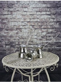 Resim Üçlü Geniş Taban Nikelli Kalın Bakır Sütlük Cezve 