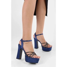 Resim Shoeberry Kadın Mersea Lacivert Saten Taşlı Platform Topuklu Ayakkabı 