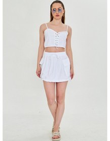 Resim Kutaf Günlük Yazlık Crop Top Ve Şort Etek Takımı - Rahat & Şık Beyaz 