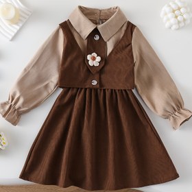 Resim Kız Çocukları İçin Vintage Stil Kısa Kollu Korduroy Elbise, İlkbahar/Sonbahar Polyester A-kesim, Renk Bloğu Düz Renk, Şemsiye Etekli Rahat Prenses Elbisesi, Dokuma Kumaş, Dolgusuz, Çocuklar İçin 