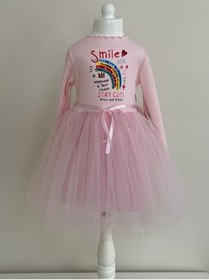 Resim Pamuk Astarlı Uzun Kollu Smile Baskılı Tüllü Kız Çocuk Elbise Pembe 