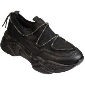Resim YAZKIŞ Kadın Siyah Ten Triko Kumaş Bağcıksız Üzeri Taşlı 6cm KalınComfort Taban Fashıon Spor Ayakkab 