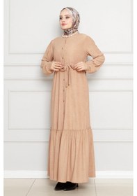 Resim Önden Düğmeli Bürümcük Elbise-vizon-4494 Vizon 