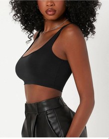 Resim Liona Kadın Kare Yaka Siyah Slim Fit Mini Crop Top Bluz 001 