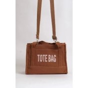Resim Önü Cepli Kahverengi Tote Bag Işlemeli Kol Çantası 