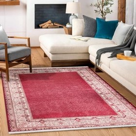 Resim Bordo Çerçeveli Modern Geometrik Etnik Eskitme Desenli Boho Makinada Yıkanabilir Hafif Hav Toz Vermez Leke Tutmaz Kaymaz Taban Dijital Makine Baskı Halı Oturma Odası Salon Yolluk Koridor Mutfak Halısı 