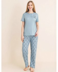 Resim Enisena Kadın Pijama Takımı-menekşe Kumaş-3 Düğmeli-yaka Baskılı-12606sf Turkuaz 