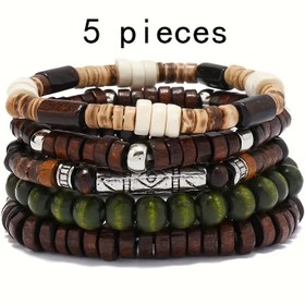 Resim Erkekler için şık 5 parçalı eski Çin tasarımı ahşap boncuklu bilezik seti, Hindistan cevizi kabuğu, dokuma boncuk bileklik koleksiyonu 