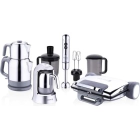 Resim Korkmaz Elektrikli Çeyiz Seti 14 Parça Çaydanlık Kahve Makinesi Tost Blender Paslanmaz Çelik Gri 
