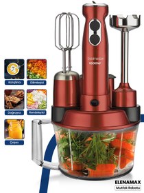 Resim GoldMaster Elenamax Kırmızı 1000 Watt Hız Ayarlı %100 Bakır Motor 5 In 1 Mutfak Robotu Multi Blender Seti 