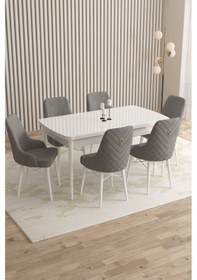 Resim Mazaka Serisi 80x132 Açılabilir Mdf Beyaz Masa Takımı 6 Cappucino Sandalye Gri 