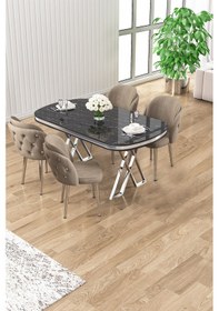 Resim Canisa Zae Serisi 90x168 Lak Panel Siyah Mermer Desen Krom Ayak Masa Takımı 4 Cappucino Sandalye Masa Siyah Mermer Desen Sandalyeler Cappucino 