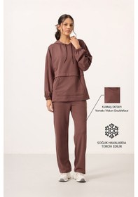 Resim Kahverengi Yumuşak Dokulu Kapüşonlu Oversize Kadın Eşofman Tunik Takım - 95348 Kahverengi 