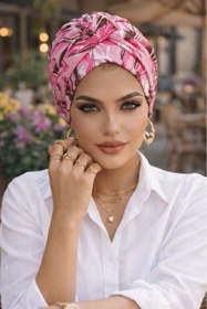 Resim Aişe tesettür Pudra Pembe Desenli Burgu Bantlı Bone 