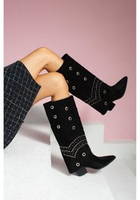 Resim Shoetek Taisiya Kadın Çizme Kovboy Çift Katlı Siyah Süet Siyah Suet 