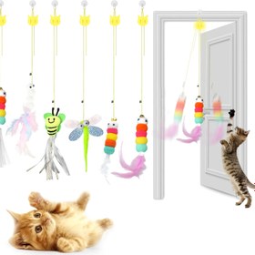 Resim 1 Adet Yaylı Zıplayan Oyuncaklı, Tüyler ve Çıngıraklı Etkileşimli Kedi Oyuncağı - İç Mekan Yavru Kediler İçin Geri Çekilebilir, Kendi Kendine Eğlendiren Kapı/Duvar Asma Oyuncağı - Tekir/Çizgili Kediler İçin Naylon (Rastgele Renk) 