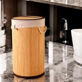 Resim El Yapımı Hasır Katlanır Çamaşır Sepeti Yuvarlak 60 Litre (35CM*35CM*61CM), Doğal Malzemeden Üretilmiş Çamaşırlık (Naturel) 