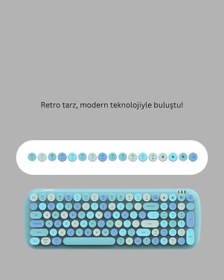 Resim Kablosuz Retro Klavye Ve Mouse Seti - 104 Tuşlu Sevimli Tasarım 