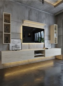 Resim Resital Ledli Duvara Monte Tv Sehpası - Traverten - W6001-8 Traverten 