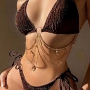 Resim Tek Renkli Altın Zincir Detaylı Seksi İki Parçalı Bikini Mayo 