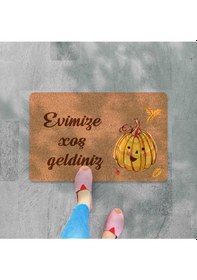 Resim Azerbaycan'a Özel Hoş Geldiniz Xoş G Ldiniz Yazılı Dijital Baskılı Kapı Önü Paspas Bej 