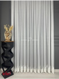 Resim Tül Perde Etek İşleme Aheste Desen Sedef Sim İşlemeli Ekru 