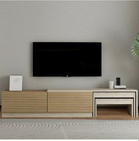 Resim Nest Tv Sehpası Modern Tasarım,2 Kapaklı Depolama Ve İkili Zigon Sehpa İle Fonksiyonel Mobilya Meşe 